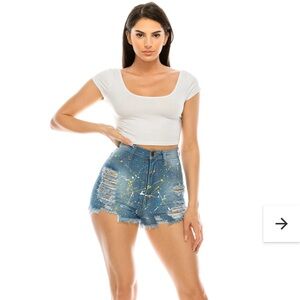 Aphrodite AP Blue Frayed Shorts Destruction Yellow Blue Paint Splash Size 30